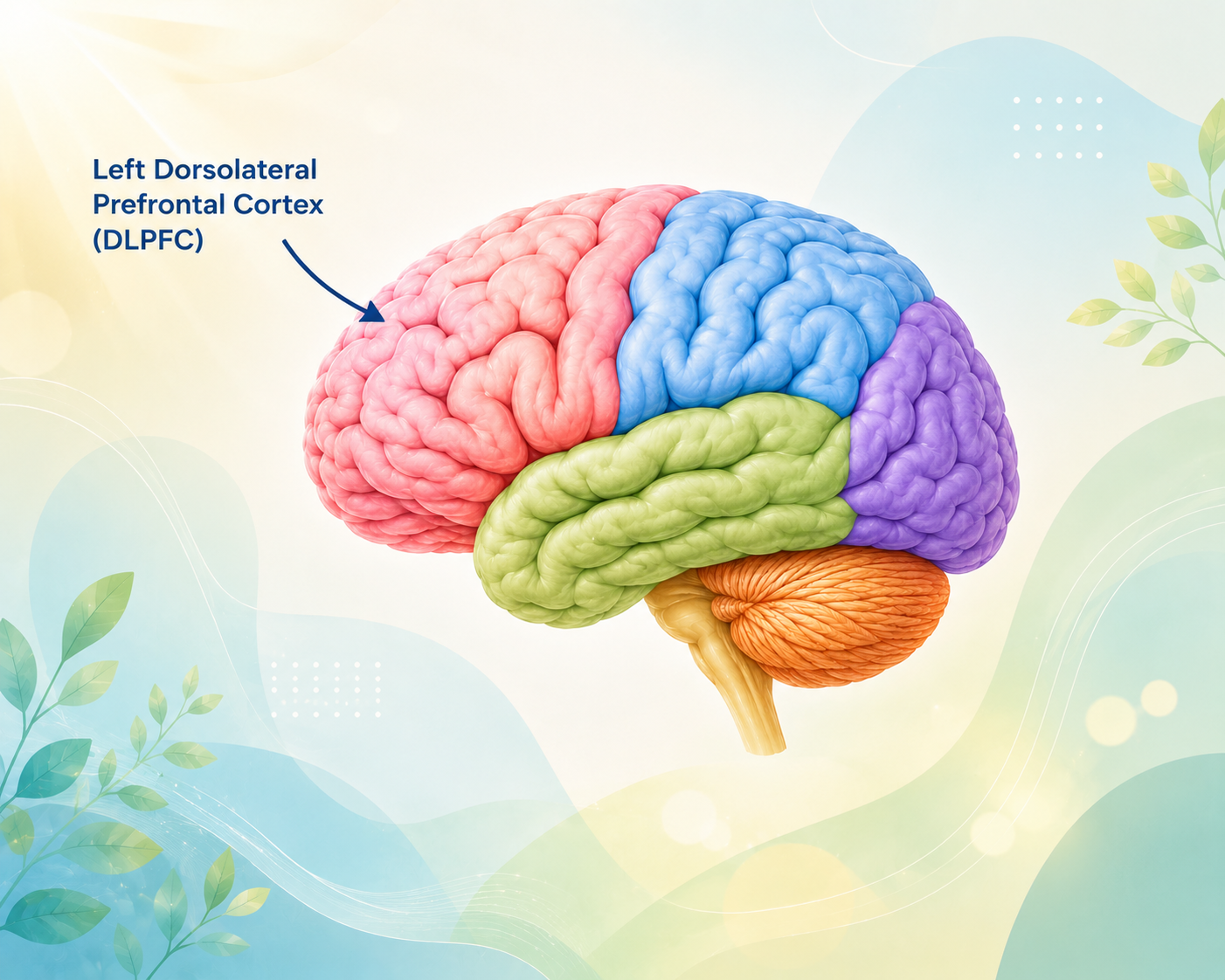 Illustrated brain showing the Left Dorsolateral Prefrontal Cortex (DLPFC)