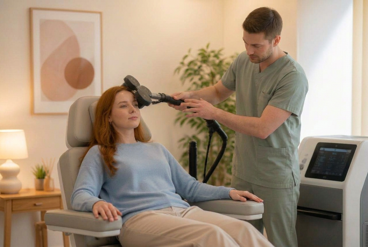 Clinician watching a patient's right hand for a small finger twitch while a TMS coil is positioned over the left side of the patient's head during motor threshold mapping.