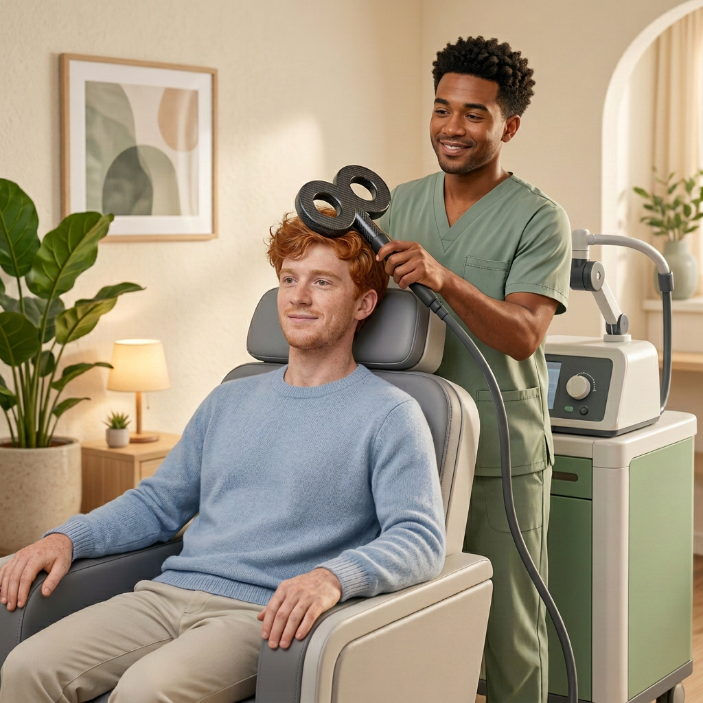 A woman seated in a treatment chair while a TMS technician stands at the back, positioning the coil above her head